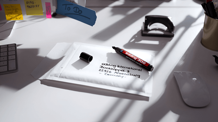 Edding 300 in red (colour shown for illustration) on a padded envelope addressed in marker, on a desk