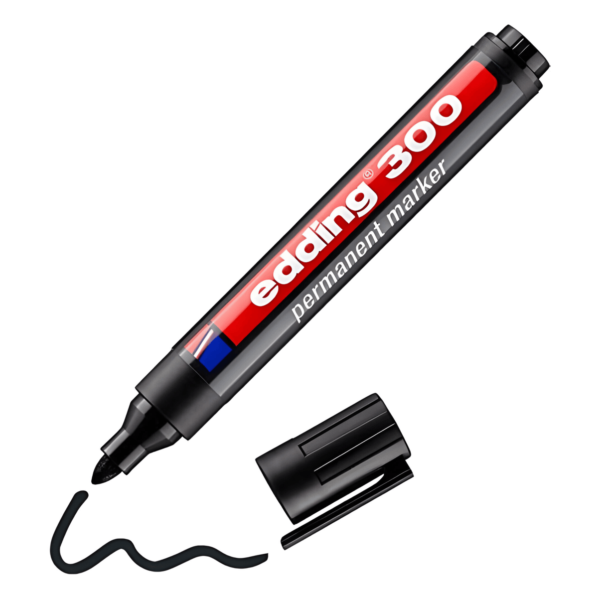 Edding 300 permanent marker in black with the cap off, showing the round bullet tip and a drawn black line