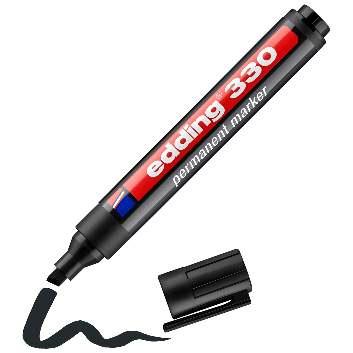 Edding 330 permanent marker in black with the cap off, showing the chisel tip and a broad drawn line