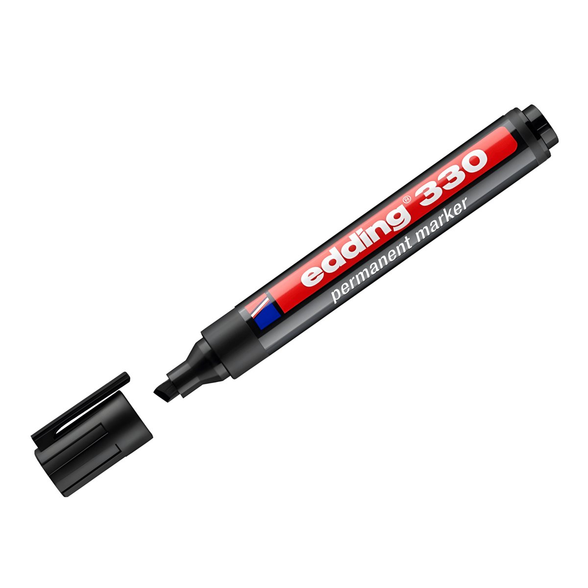Edding 330 black permanent marker lying flat with its cap beside it, chisel tip visible