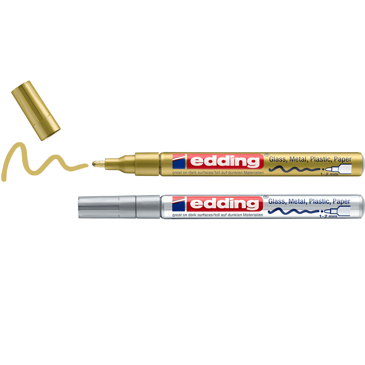 Edding 751 gloss paint markers in gold and silver, gold cap off beside a gold ink squiggle