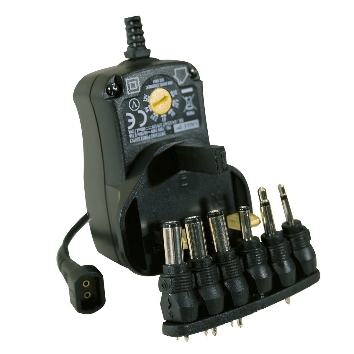 Black plug-in variable voltage power supply with gold selector dial, DC lead and six interchangeable barrel and jack tips