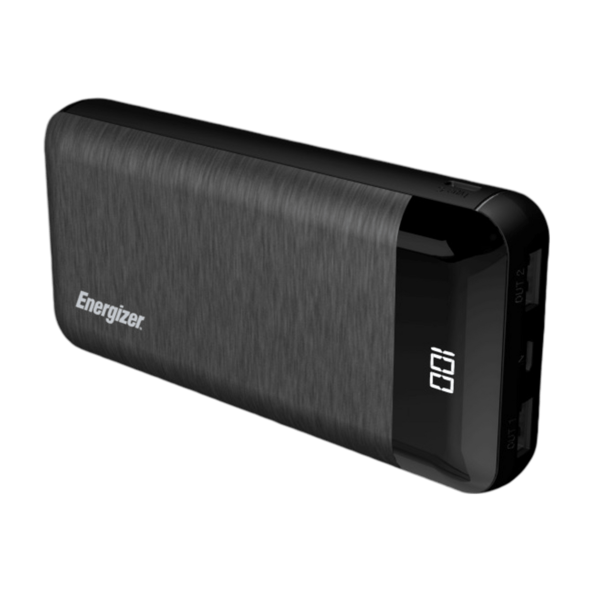 Energizer UE20058 angled to show the Energizer logo, LCD charge display and USB-A ports