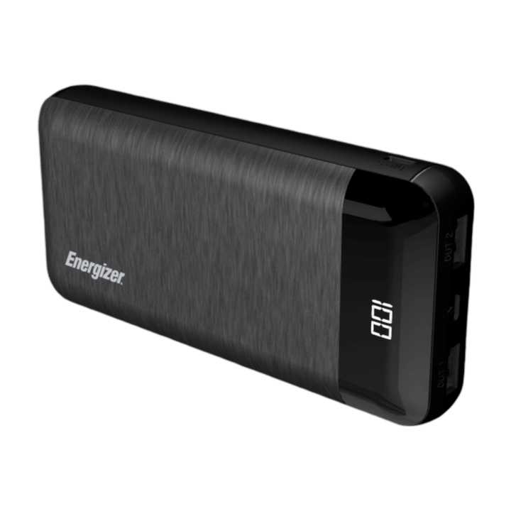 Energizer UE20058 angled to show the Energizer logo, LCD charge display and USB-A ports
