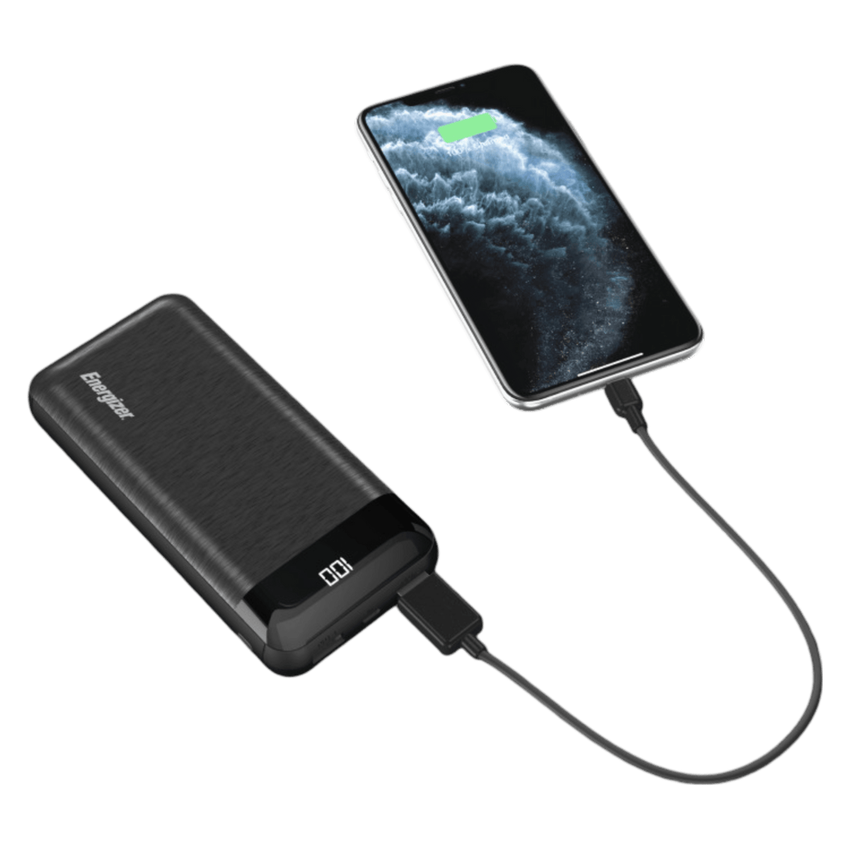Energizer 20,000mAh power bank charging a smartphone through a USB cable