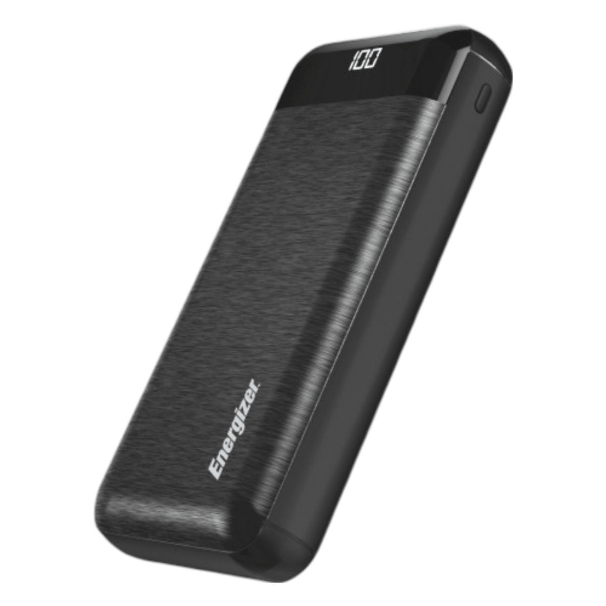 Energizer UE20058 power bank standing on its end, side view showing the power button and LCD