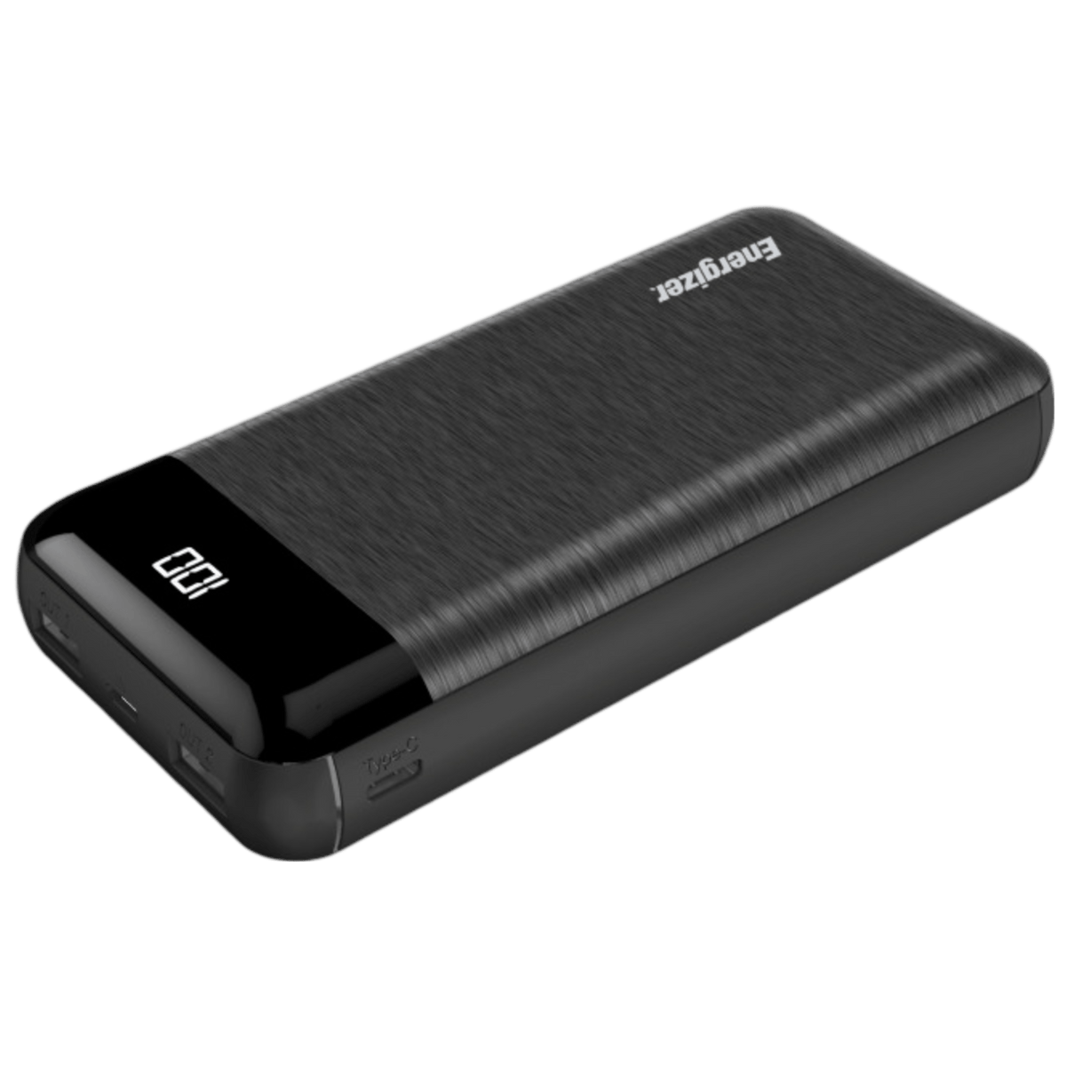 Energizer 20,000mAh power bank lying at an angle, LCD reading 100 and ports visible on the end