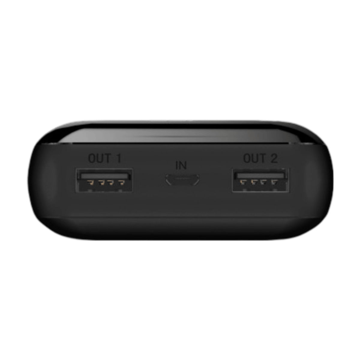 End panel of the Energizer UE20058 with OUT 1 and OUT 2 USB-A ports either side of the Micro-USB input