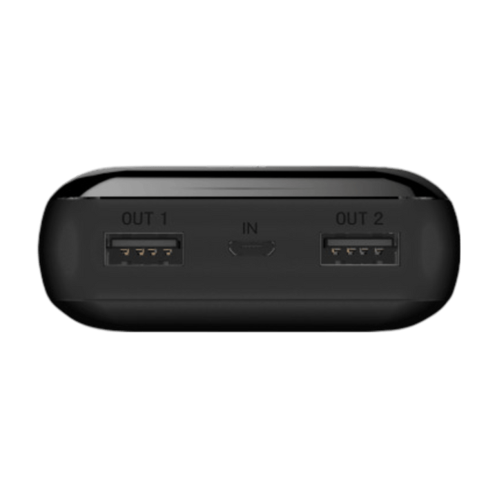 End panel of the Energizer UE20058 with OUT 1 and OUT 2 USB-A ports either side of the Micro-USB input