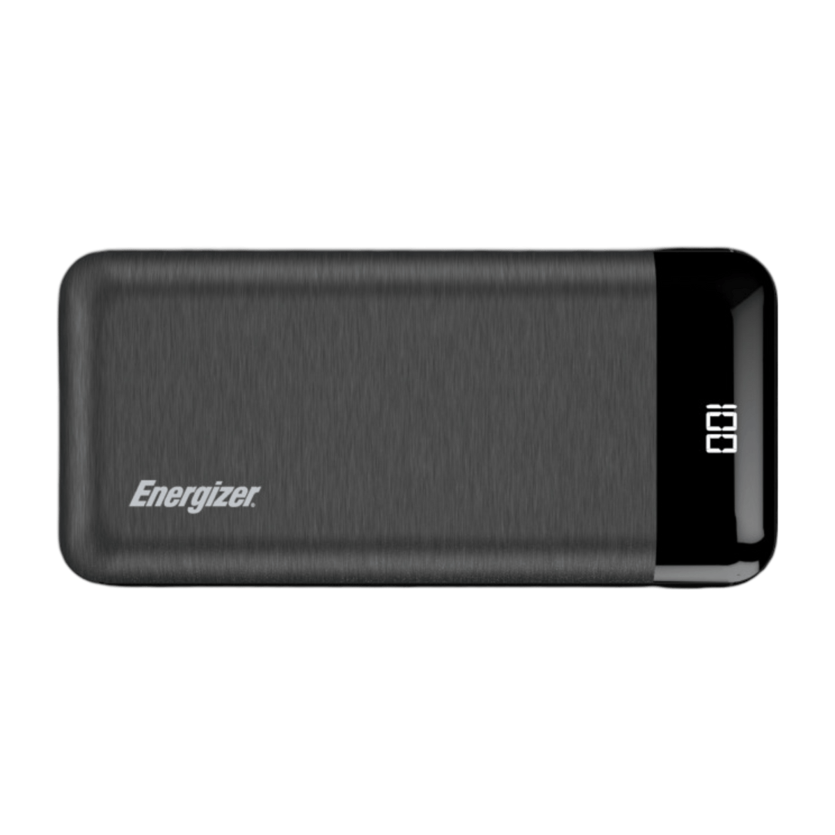 Energizer UE20058 20,000mAh power bank, top view of the black textured case with LCD display at one end