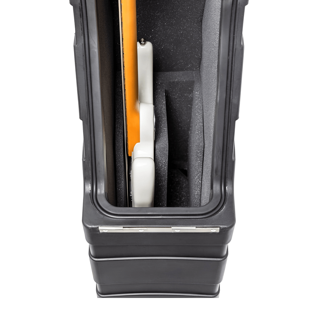 Looking into the ENKI AMG-2 bass case from the top, two bass bodies held in the grey soft insert