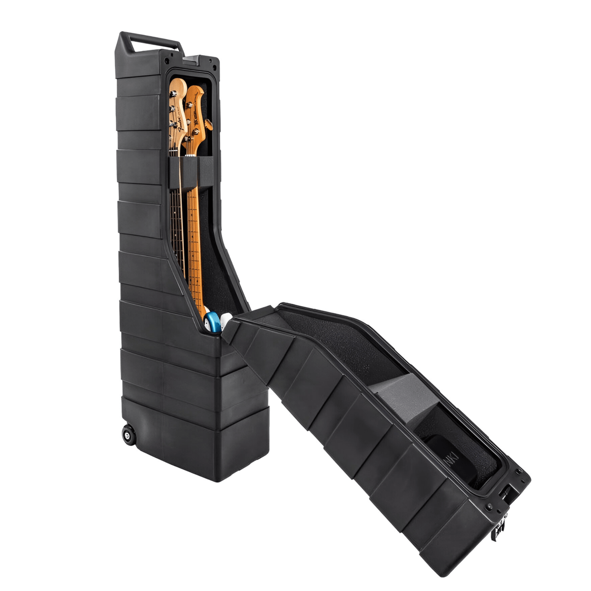 ENKI AMG-2 bass case stood on end with lid swung open, two basses in the insert and wheels at the base