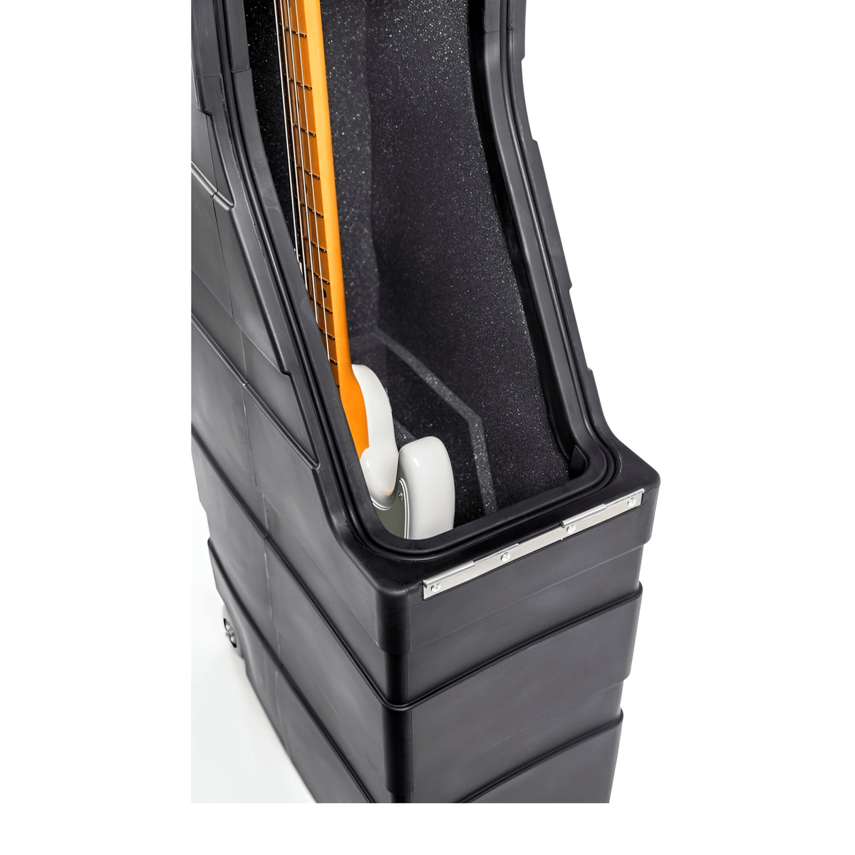 ENKI AMG-2 bass case open at an angle, bass with maple neck seated in the padded insert