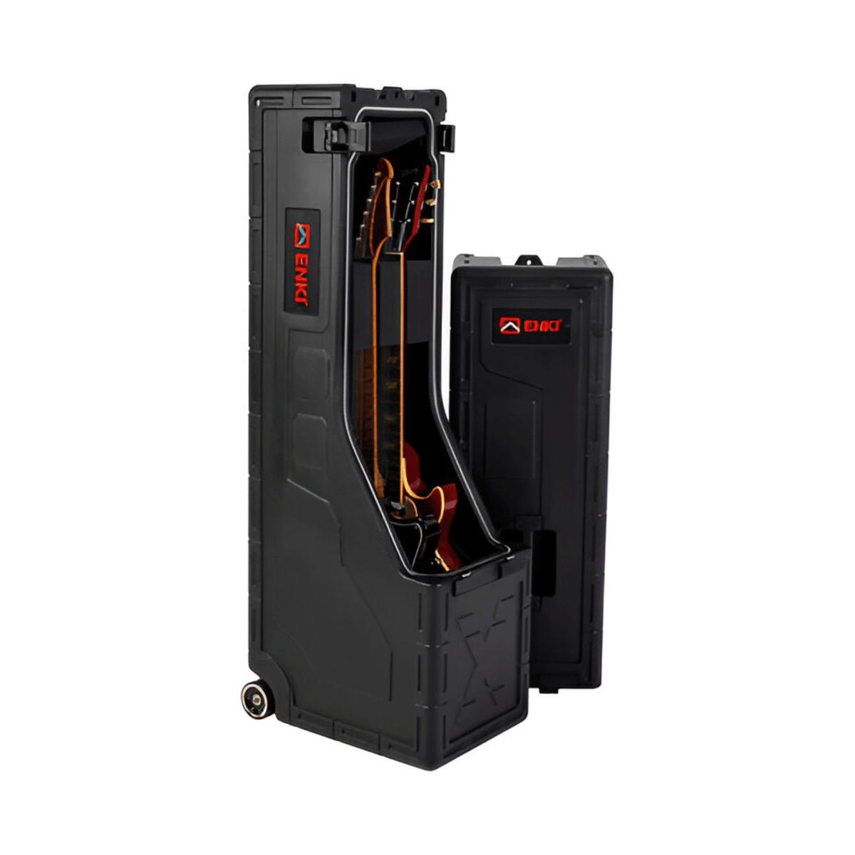 Black ENKI X-2 case open with two electric guitars inside and the removed lid stood beside it