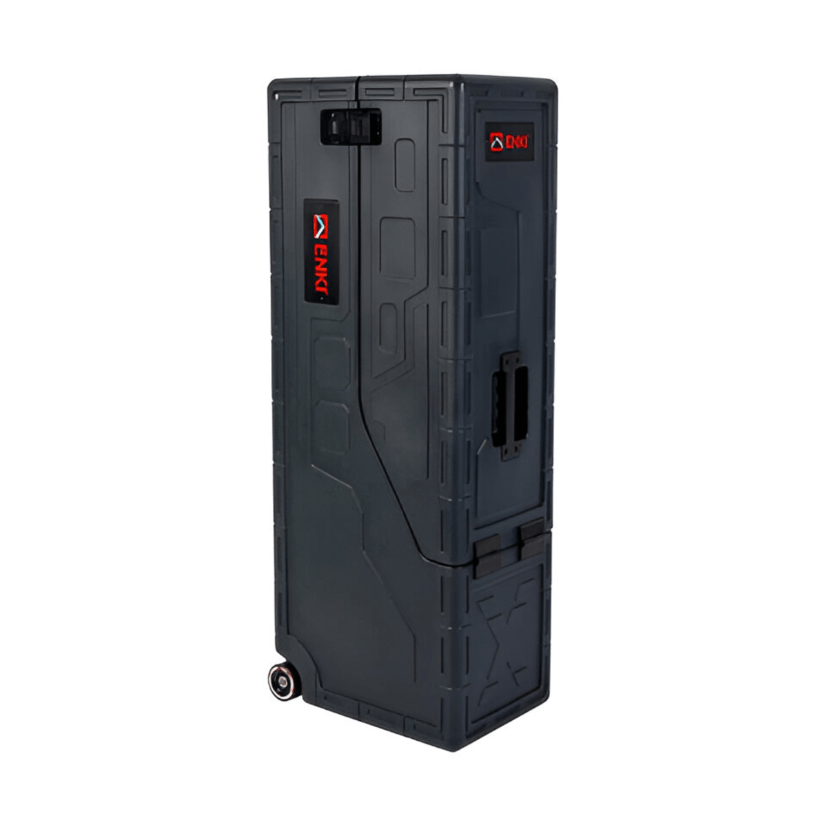 ENKI X-2 guitar case closed and upright, three-quarter view showing latches, side handle and wheel