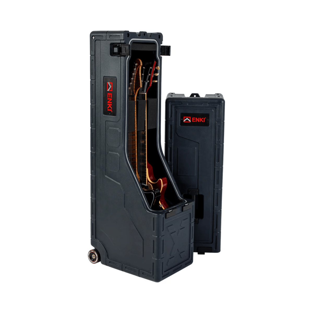 ENKI X-2 case in dark grey stood upright and open, two electric guitars in the insert, lid standing alongside