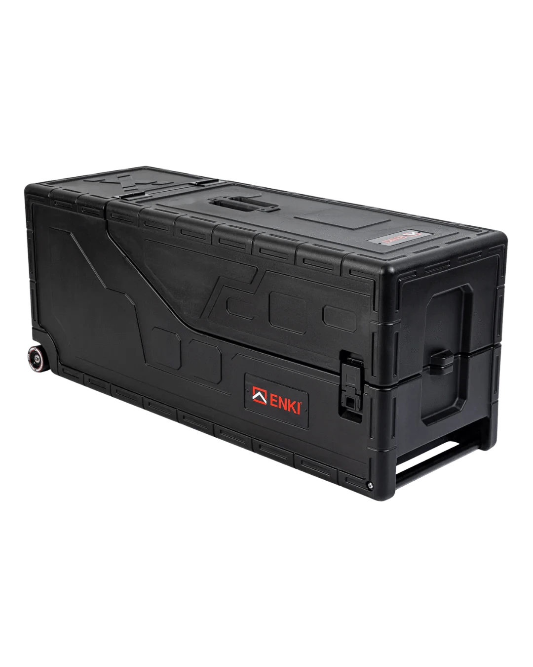 ENKI X-3 guitar case closed and lying flat, showing cam latches, top handle, wheel and end handle