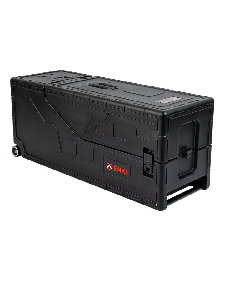 ENKI X-3 guitar case closed and lying flat, showing cam latches, top handle, wheel and end handle