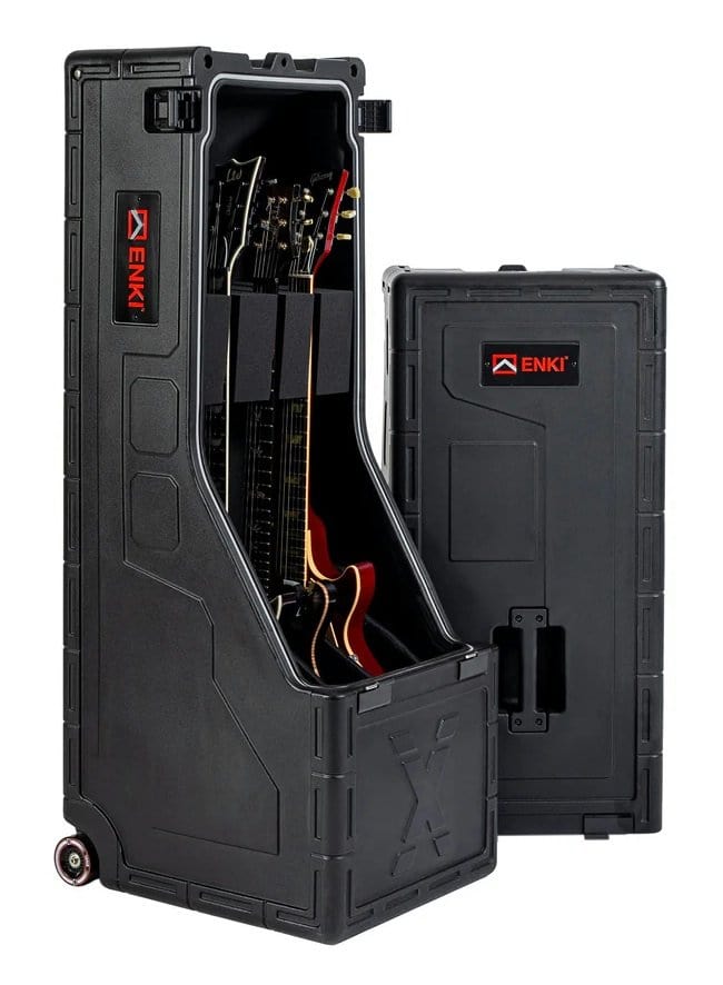 ENKI X-3 black guitar case stood upright and open, three electric guitars in the insert, lid beside it