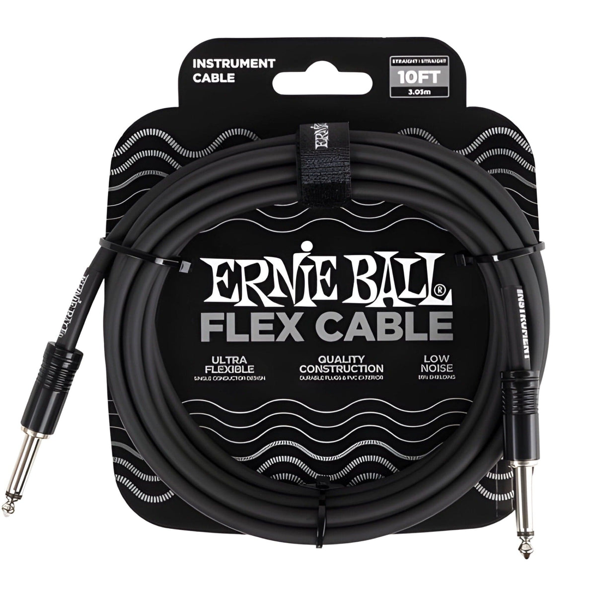 Ernie Ball Flex Cable 10ft (3.05m) in black, coiled in its retail card with straight jack plugs at both ends