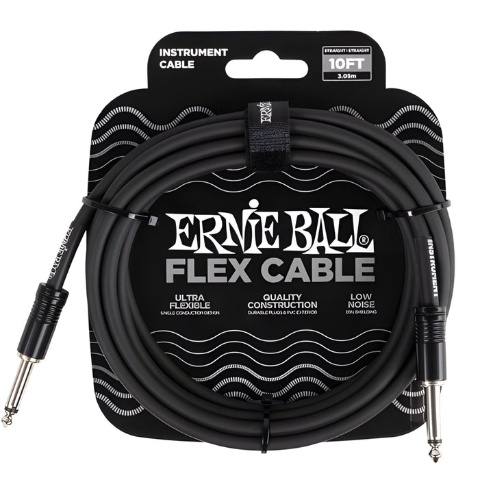 Ernie Ball Flex Cable 10ft (3.05m) in black, coiled in its retail card with straight jack plugs at both ends