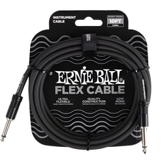 Ernie Ball Flex Cable 10ft (3.05m) in black, coiled in its retail card with straight jack plugs at both ends