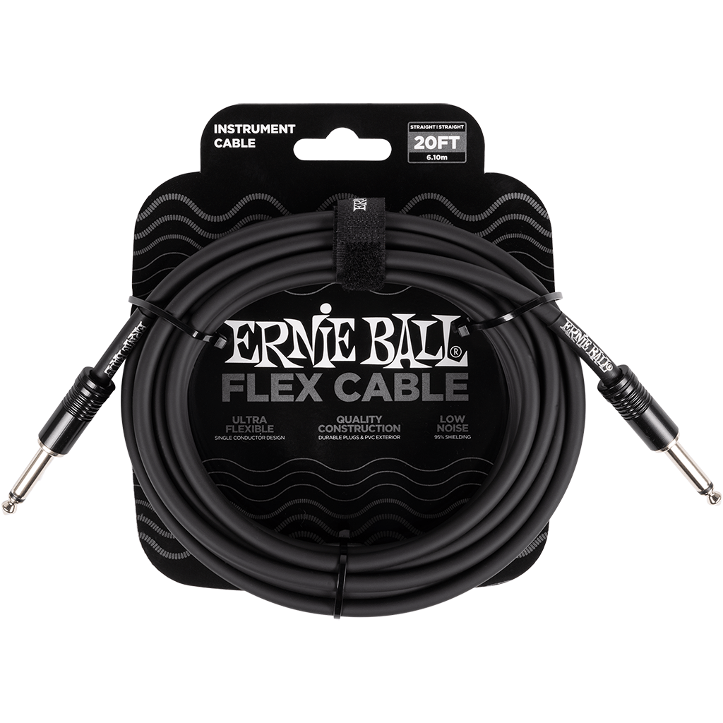 Ernie Ball Flex Cable 20ft (6.10m) black instrument lead in its pack, straight-to-straight jacks