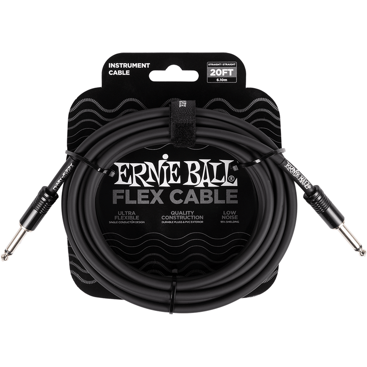 Ernie Ball Flex Cable 20ft (6.10m) black instrument lead in its pack, straight-to-straight jacks