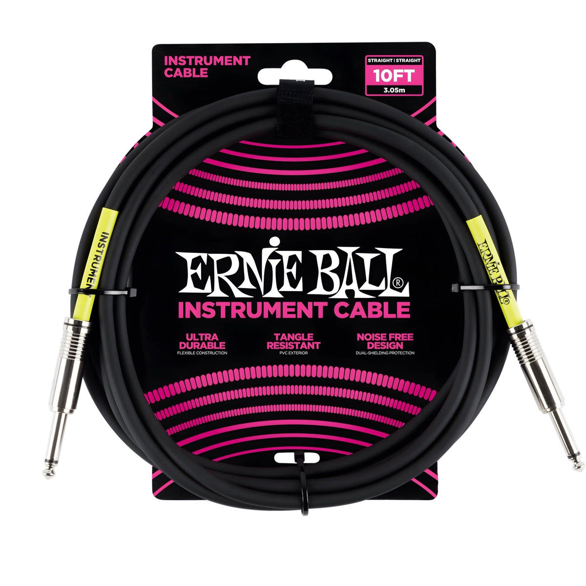 Ernie Ball 10ft black instrument cable coiled on a pink and black retail card, straight jack plugs at both ends