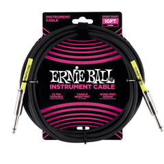 Ernie Ball 10ft black instrument cable coiled on a pink and black retail card, straight jack plugs at both ends