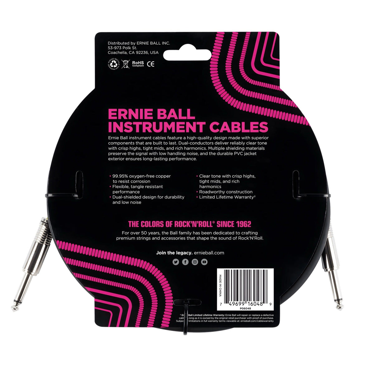 Back of the Ernie Ball instrument cable pack listing oxygen-free copper, dual shielding and limited lifetime warranty