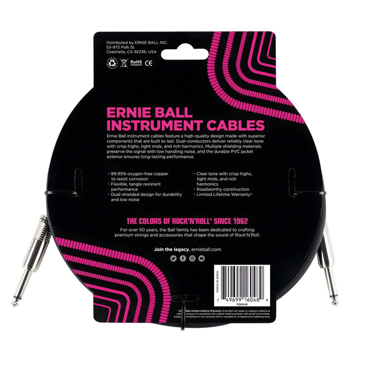 Back of the Ernie Ball instrument cable pack listing oxygen-free copper, dual shielding and limited lifetime warranty
