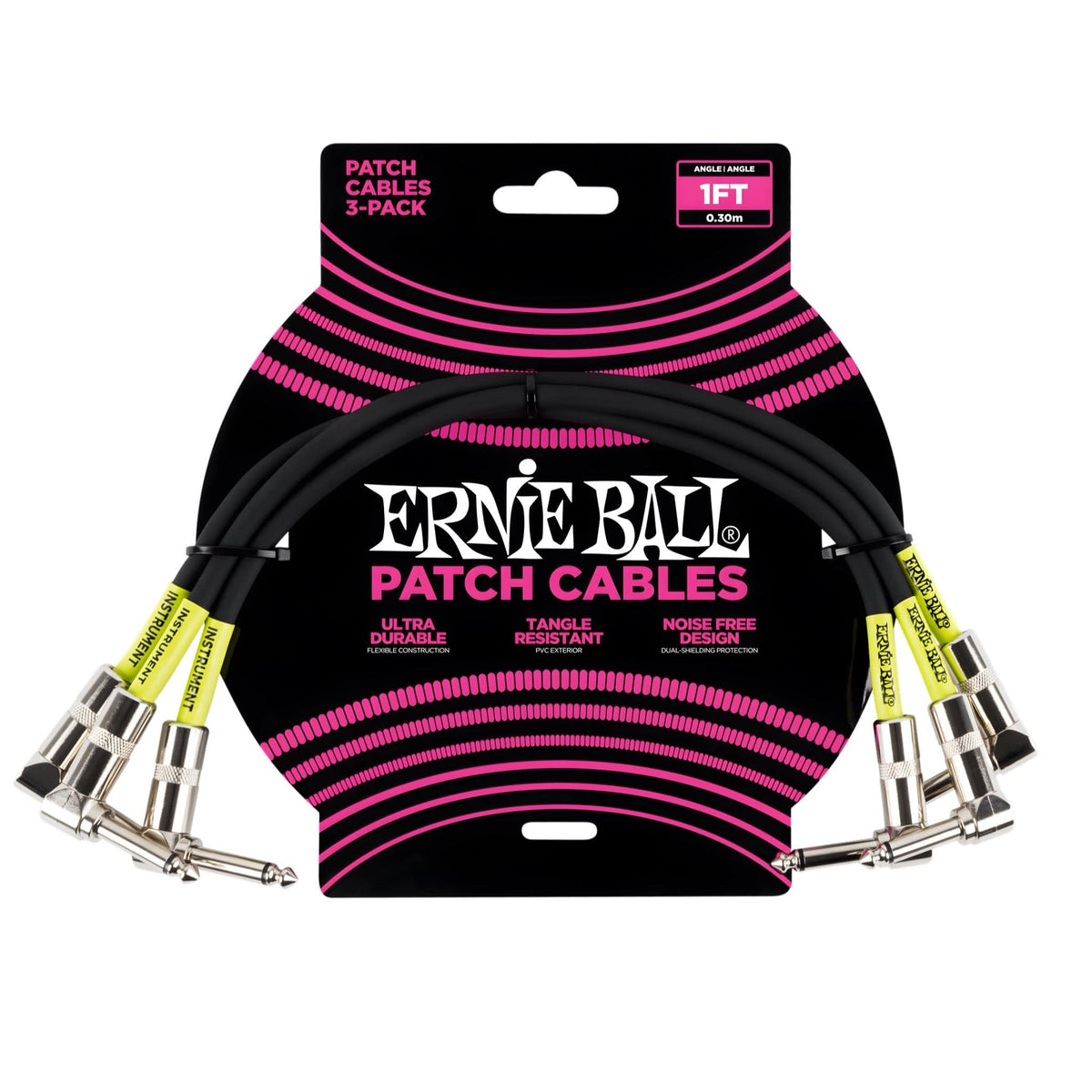 Ernie Ball P06075 patch cable 3-pack: three 1ft black cables with right-angle jack plugs on a pink and black card