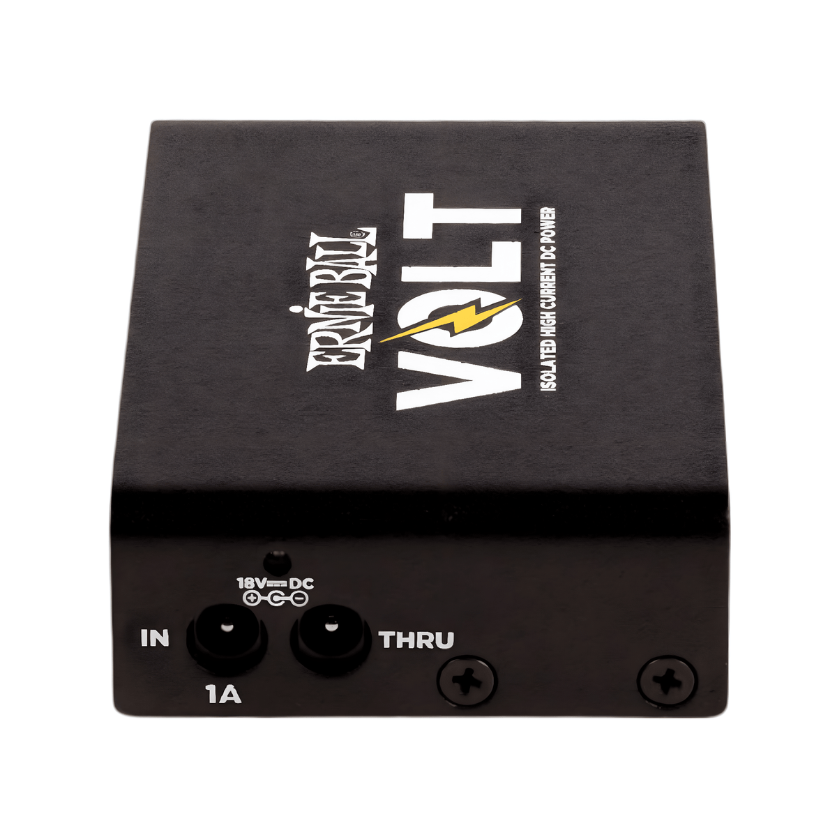 Rear of the Ernie Ball Volt showing the 18V DC IN and THRU sockets used for power and daisy-chaining