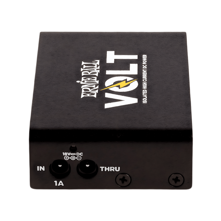 Rear of the Ernie Ball Volt showing the 18V DC IN and THRU sockets used for power and daisy-chaining