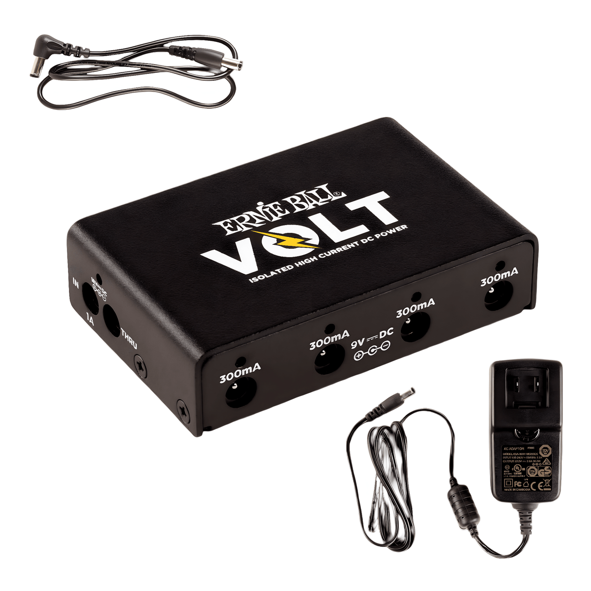 Ernie Ball Volt power supply with its four 300mA outputs, universal AC adapter and a right-angle DC cable