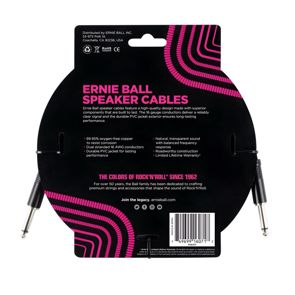 Back of the Ernie Ball speaker cable pack listing oxygen-free copper, 16 AWG conductors and a PVC jacket