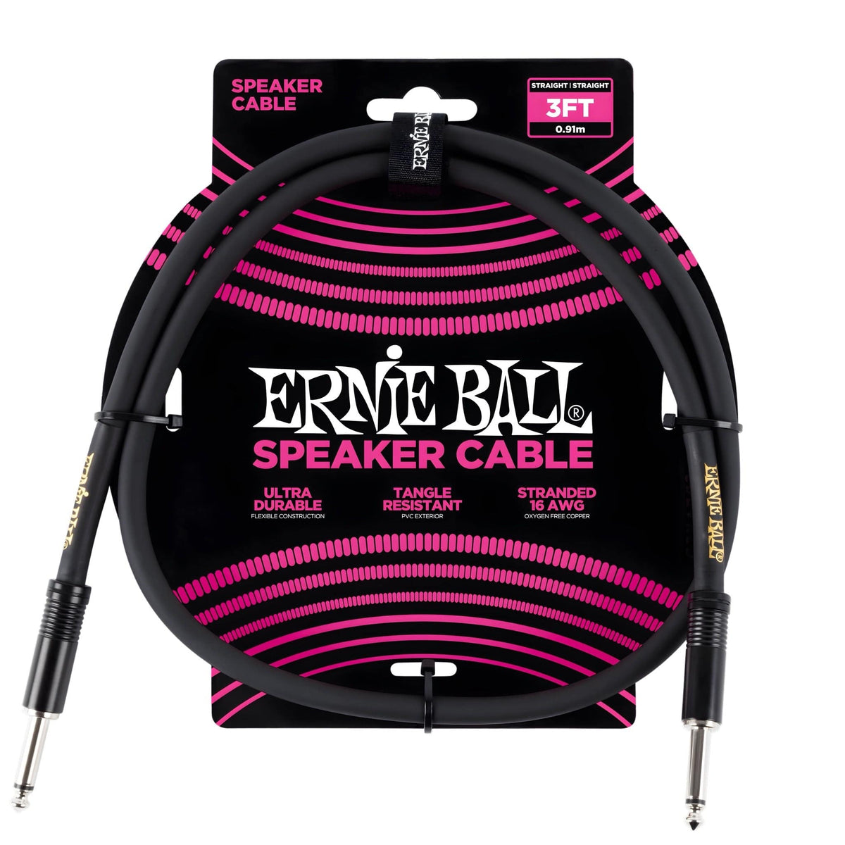Ernie Ball 3ft black speaker cable on a pink and black card marked 16 gauge, straight jack plugs at each end