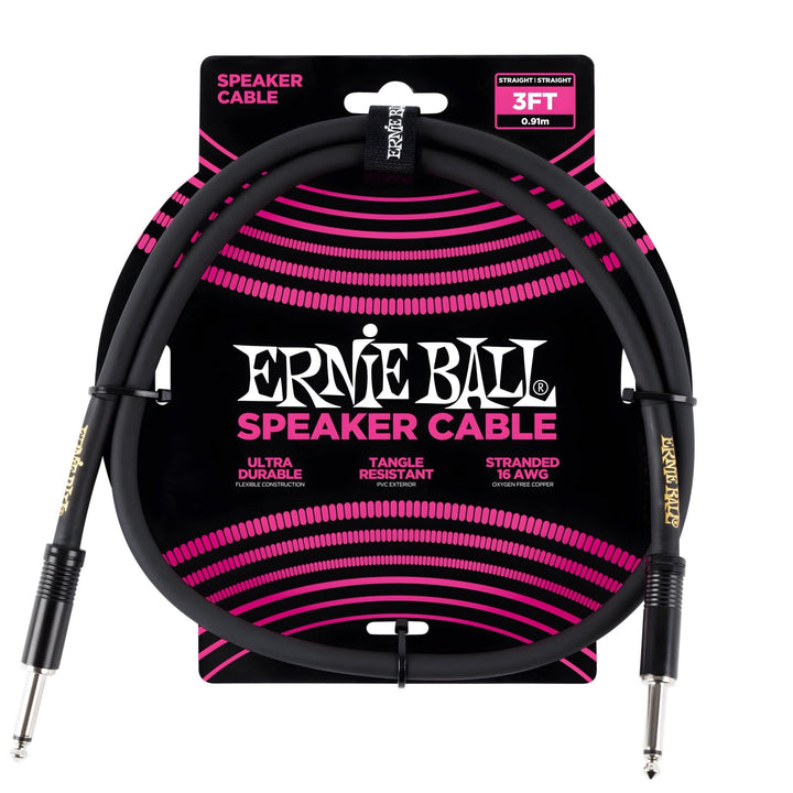 Ernie Ball 3ft black speaker cable on a pink and black card marked 16 gauge, straight jack plugs at each end
