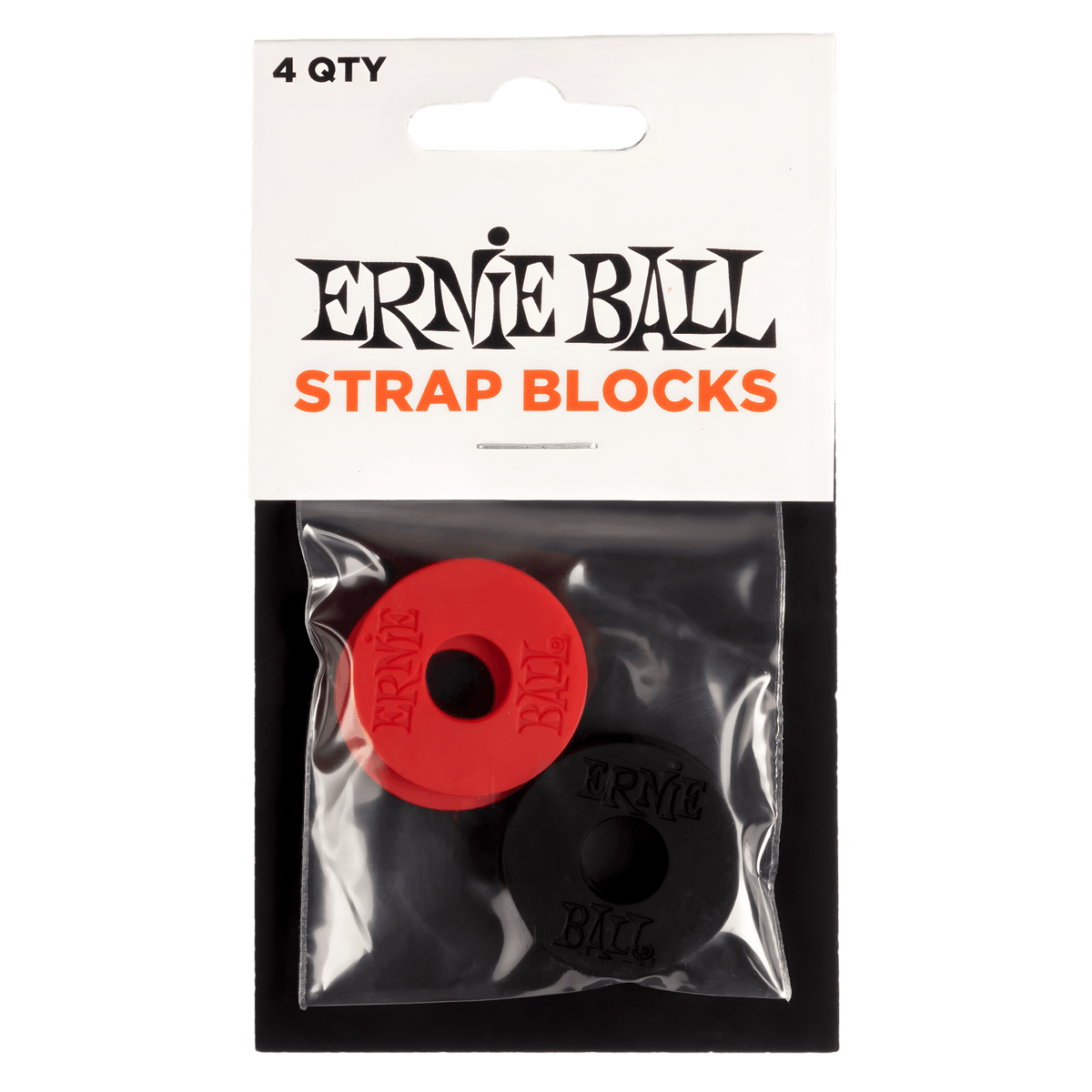 Ernie Ball Strap Blocks 4-pack in retail bag, red and black rubber blocks embossed with the Ernie Ball logo