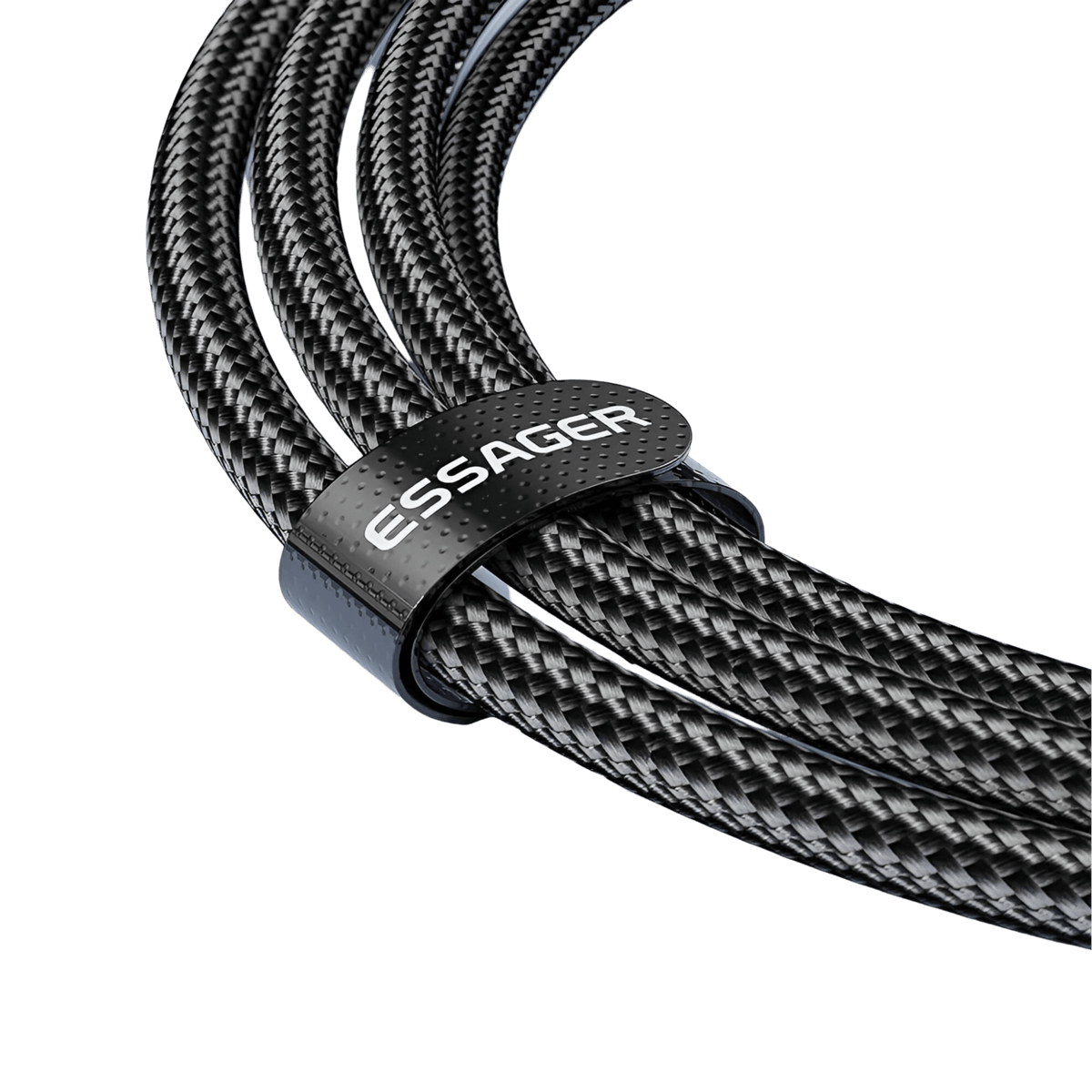 Close-up of the Essager braided USB-C cable coiled and held with an Essager-branded cable tie
