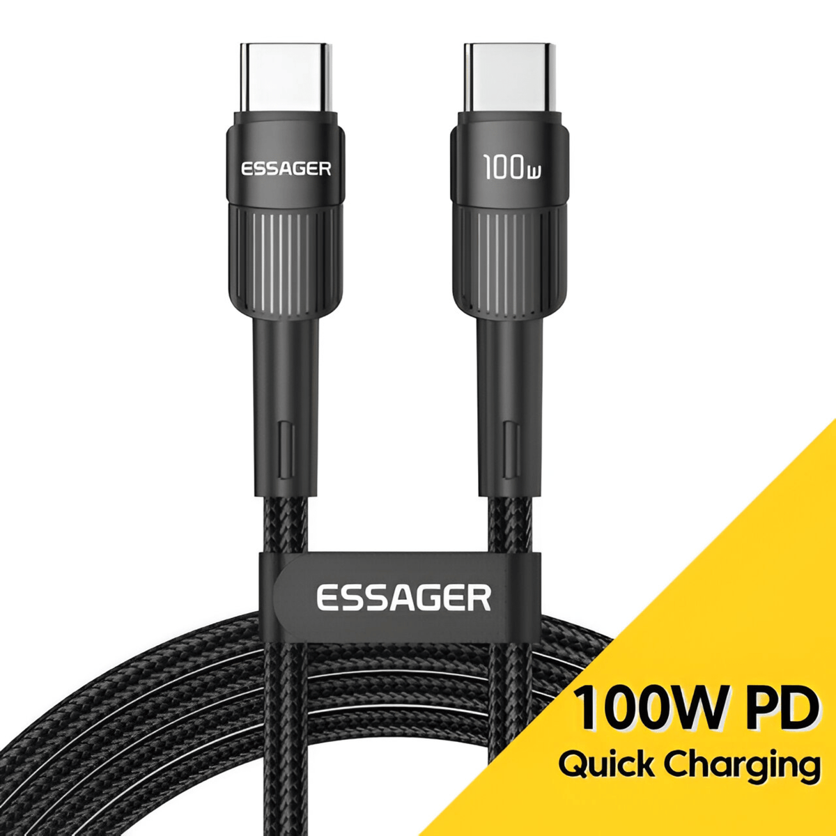 Essager black braided USB-C to USB-C cable with both connectors shown, one marked 100W, and a 100W PD Quick Charging banner