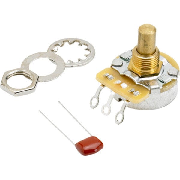 Fender 250K solid shaft pot with brass shaft, hex nut, flat and star washers and an orange tone capacitor