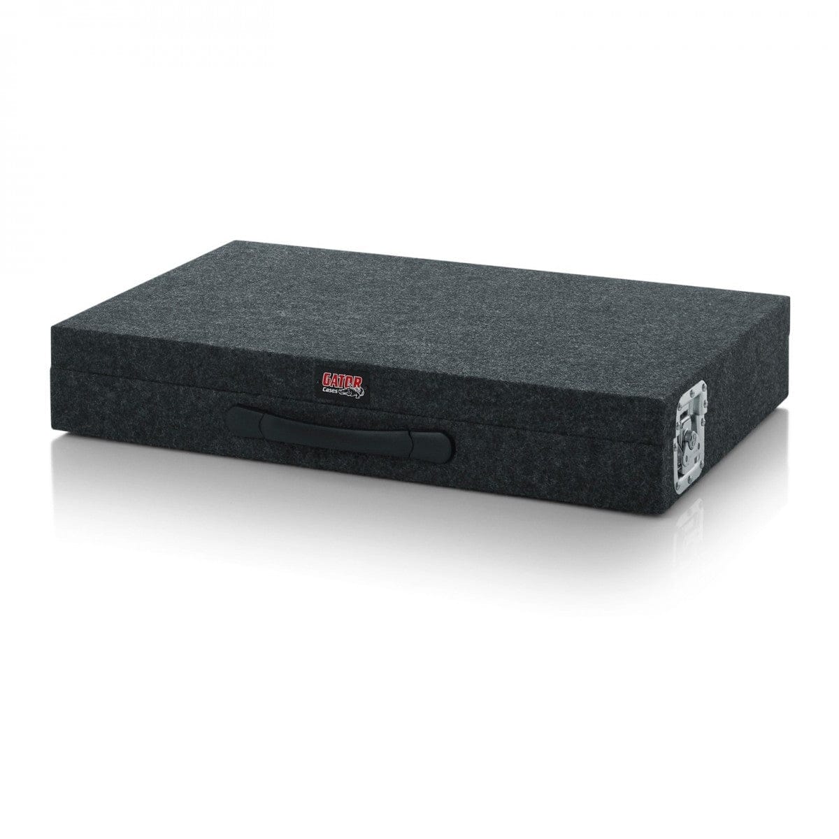 Gator GTRSTD4 folded into its flat grey carpeted carry case, front view with handle