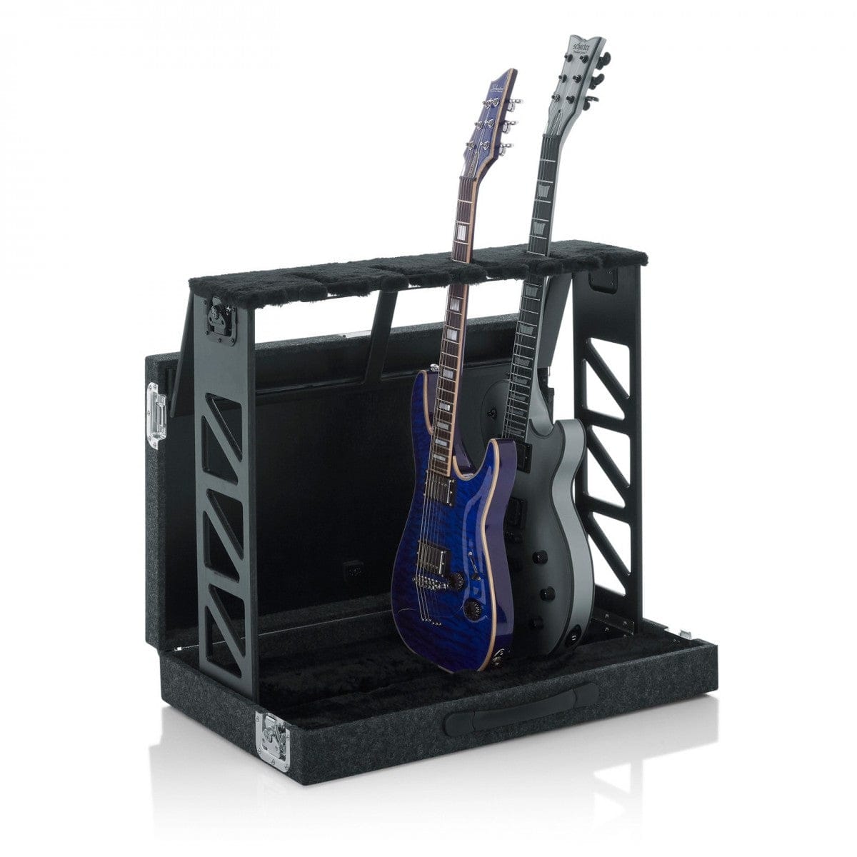 Gator GTRSTD4 rack stand holding a blue electric guitar and a black electric guitar