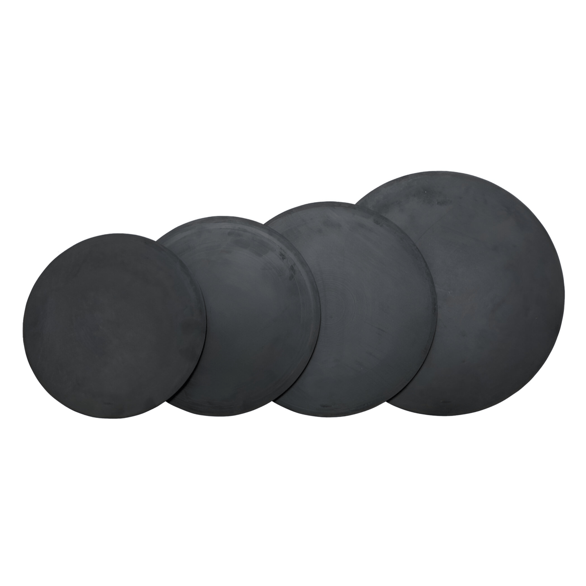 Four black rubber GEWA drum muffling pads in 10", 13", 14" and 16" sizes, laid in a row smallest to largest