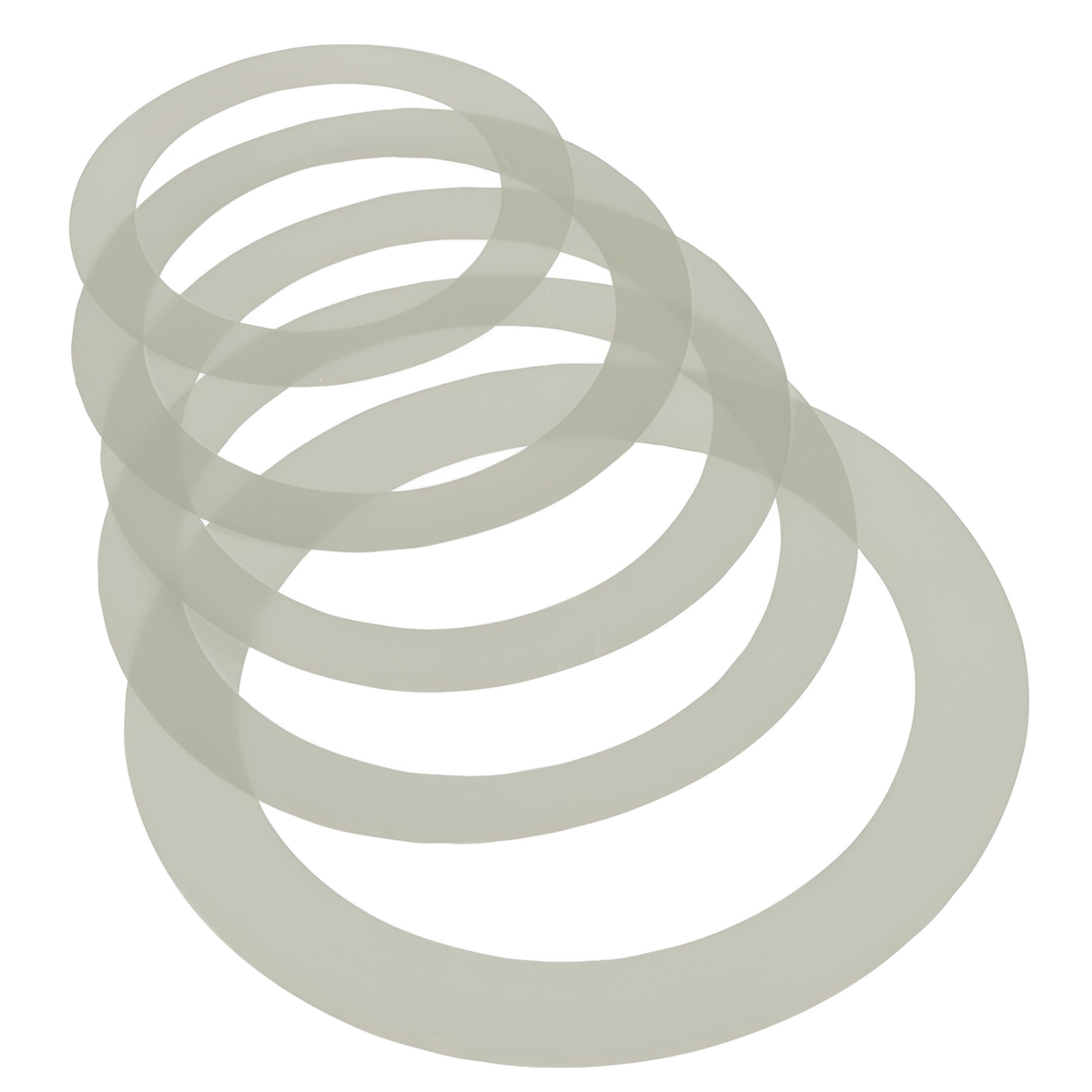 Four translucent GEWA drum muffling rings, 10", 12" and two 14", overlapping to show the different diameters