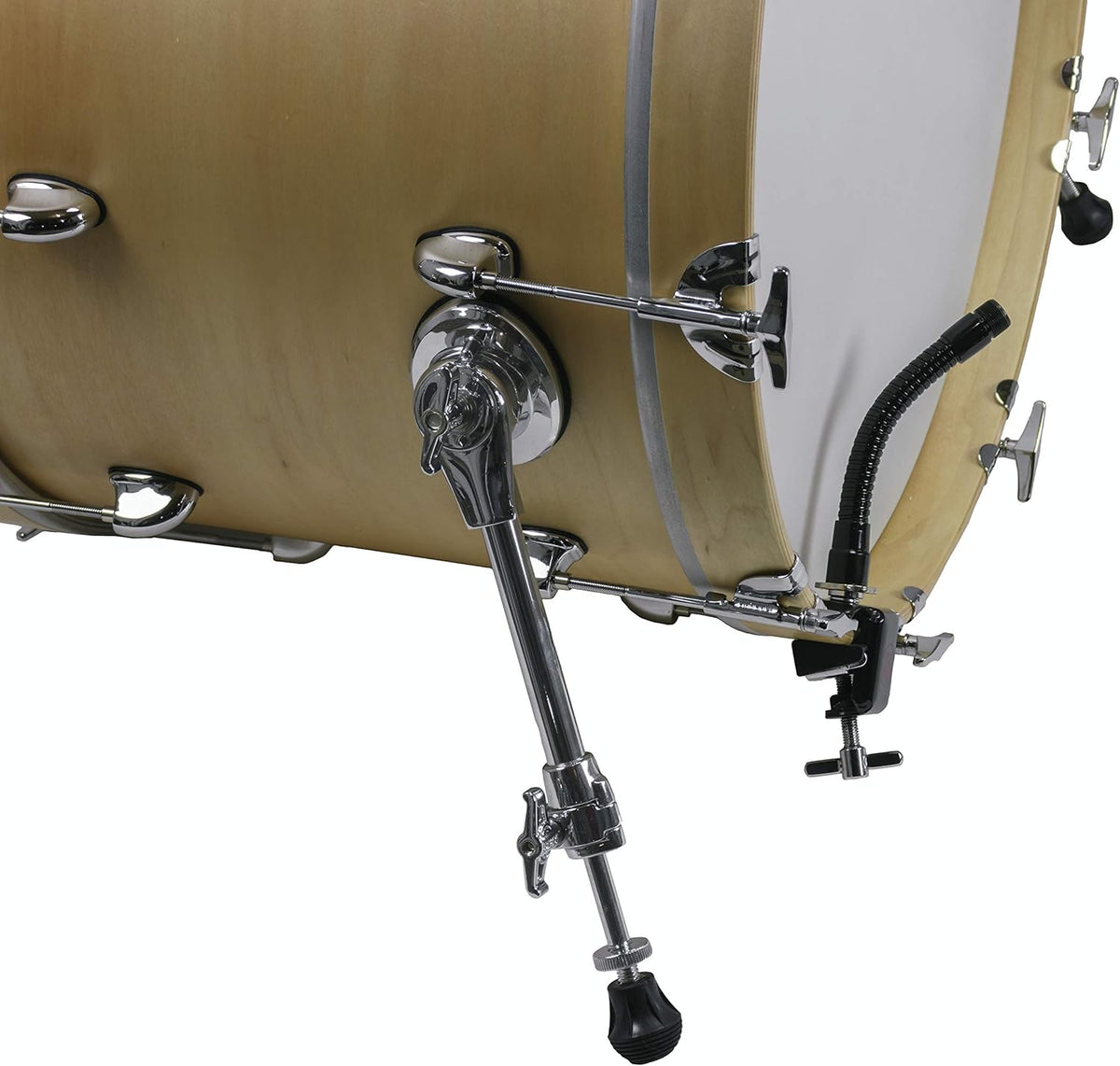SC-BDHMM mount on the lower front hoop of a bass drum beside the spur, shown without a microphone