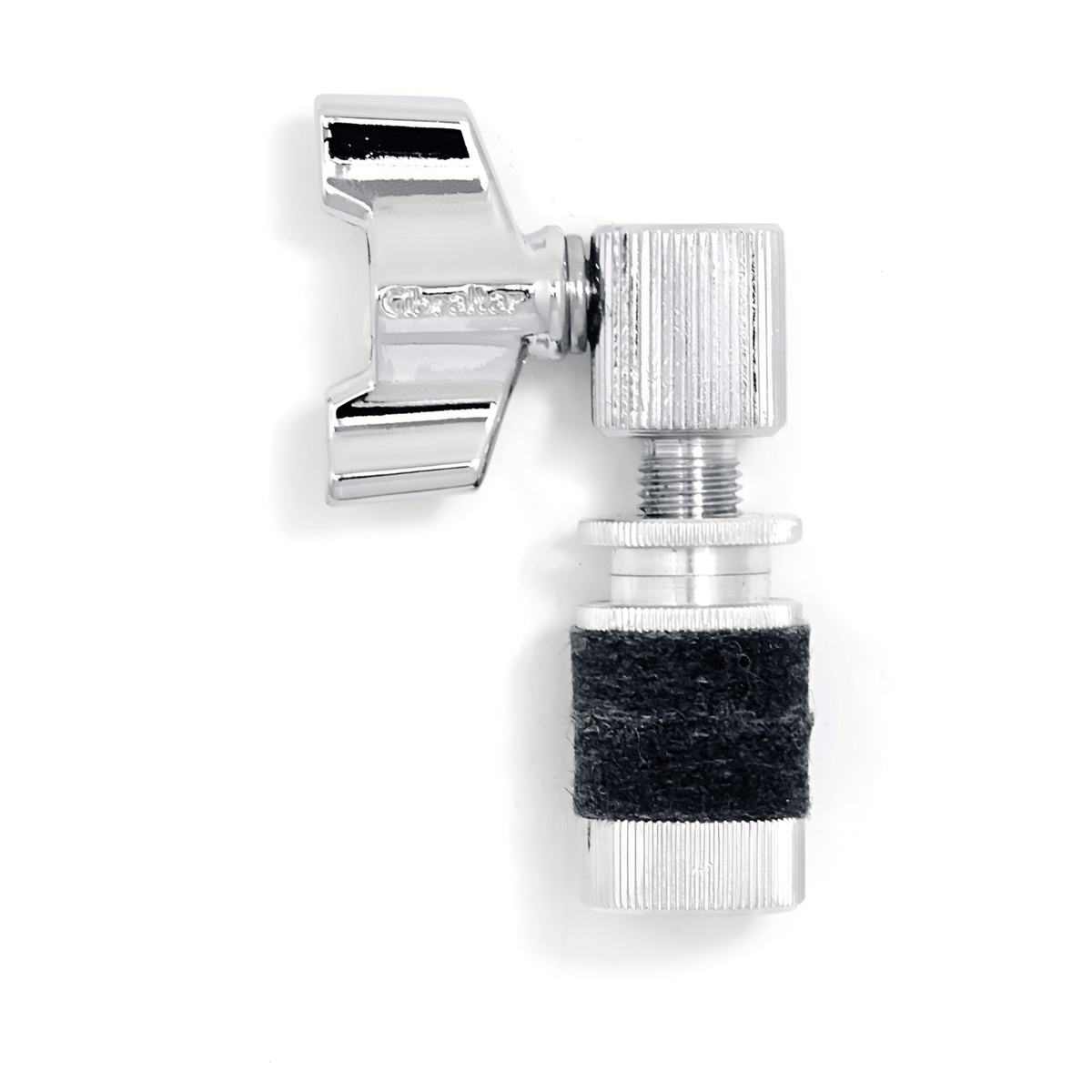 Gibraltar SC-4421D chrome hi-hat clutch with jumbo wing nut, knurled top block and black felt, side view
