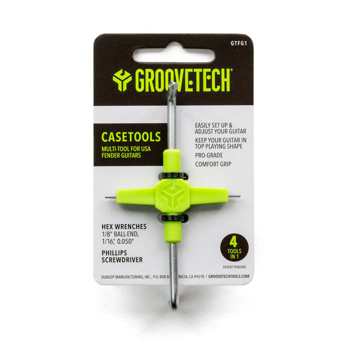GrooveTech GTFG1 CaseTools multi-tool for USA Fender guitars on its card listing the hex and Phillips sizes